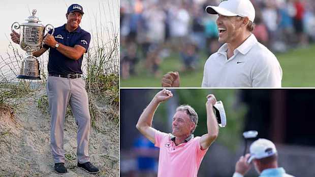 Major champions pictured: Phil Mickelson (left), Brooks Koepka (top right) and Bernhard Langer